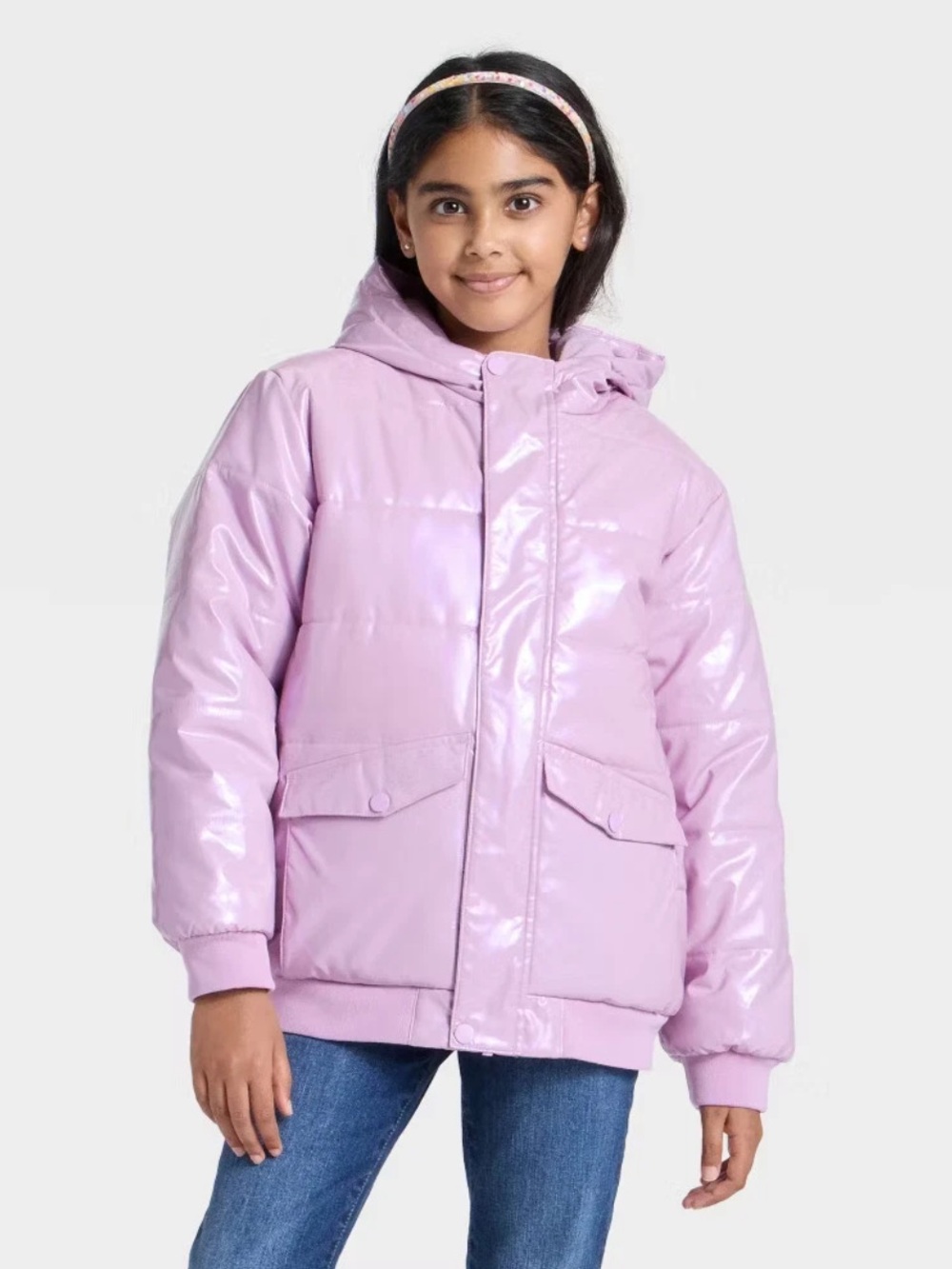 Cat & Jack Girls Metallic Hooded Puffer Jacket - Purple/Pink Size XL (14) NWT